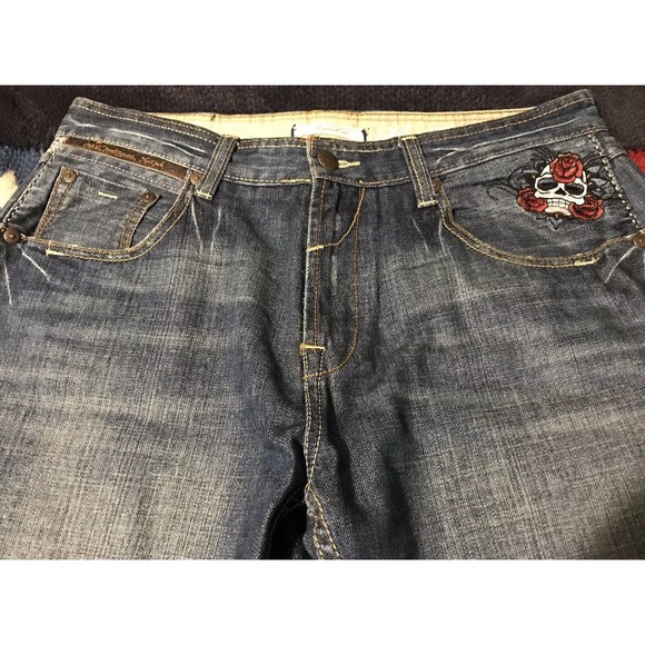 Vintage Marc Ecko Cut & Sew Skull Dagger Distressed Denim Jeans 34x32 P Wing Rlx - Picture 3 of 13